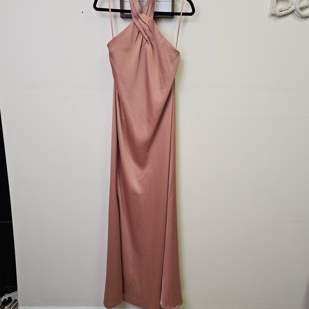 BHLDN Anthropologie Buff Halter Maxi Dress Bridesmaid Formal Satin Gown SZ 6